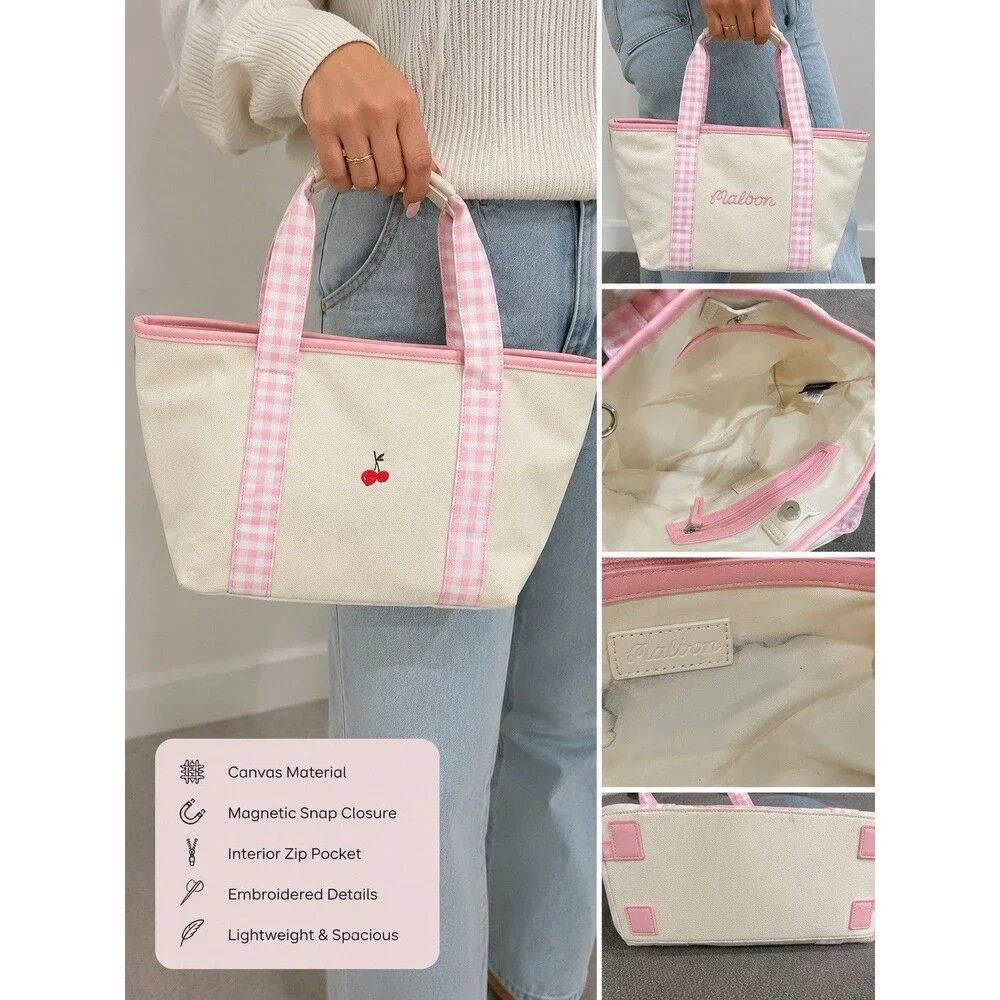 Malbon Golf Canvas Tote Bag Pink Gingham Cherry Embroidered Ivory Shopper Bag